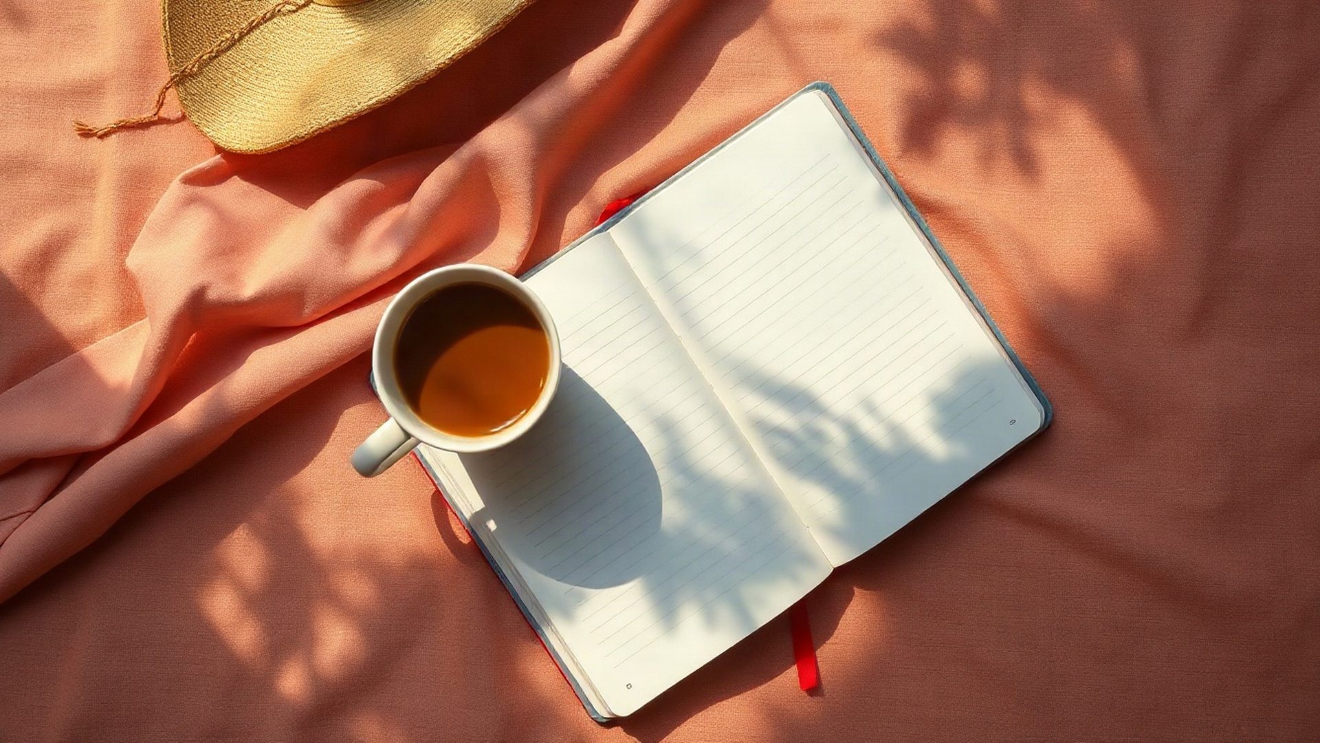 Otvorena bilježnica i jutarnja kava na ružičastoj lanenoj podlozi